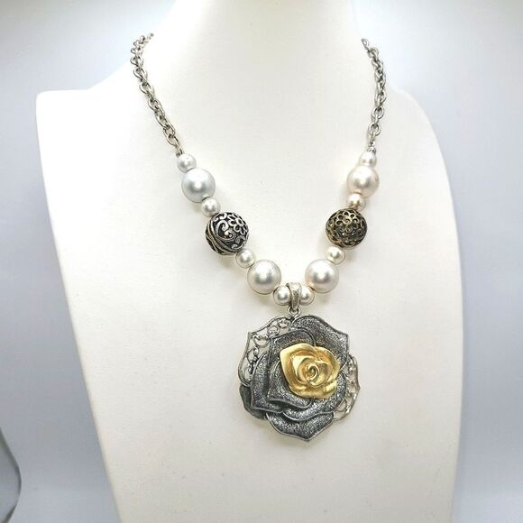 EFM Rose necklace Silver and Gold Rose Pendant Necklace - Picture 1 of 10